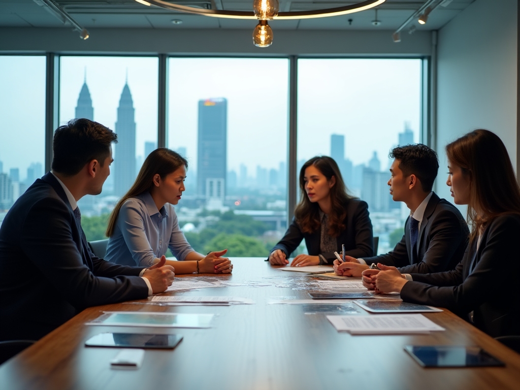 Business professionals discussing strategy in a modern office in Kuala Lumpur