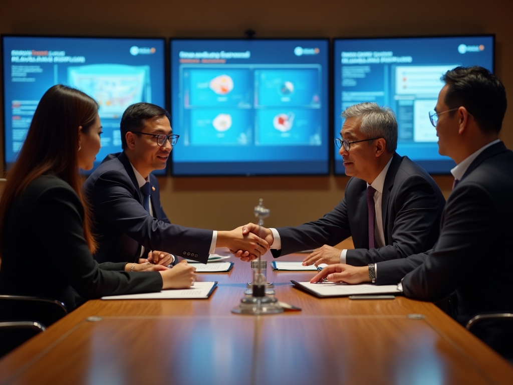 Business executives from international and Malaysian companies finalizing partnership agreements